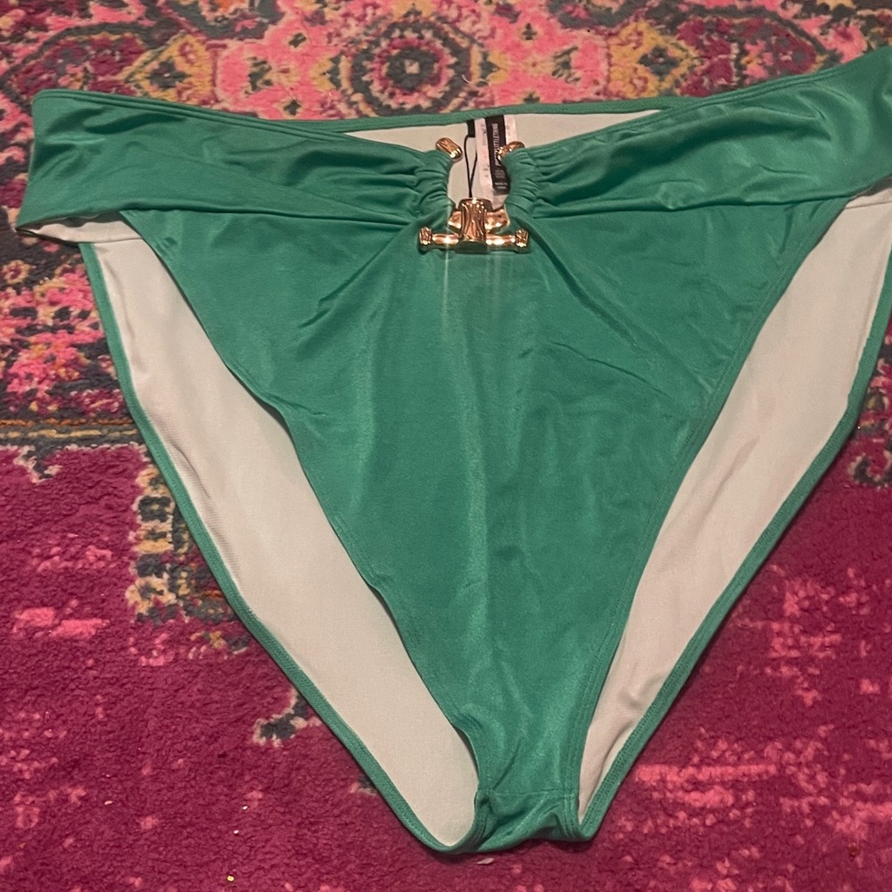 Pretty Little Thing Green Hammered Trim High Waisted Bikini Bottom